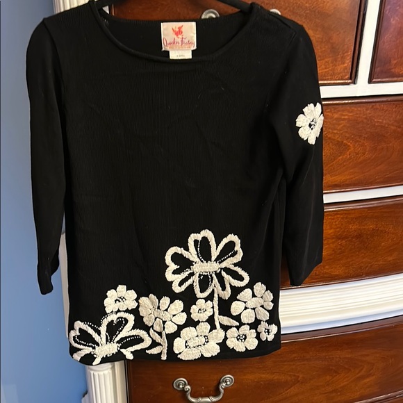 Black Top with White Floral Embroidery - Picture 1 of 4